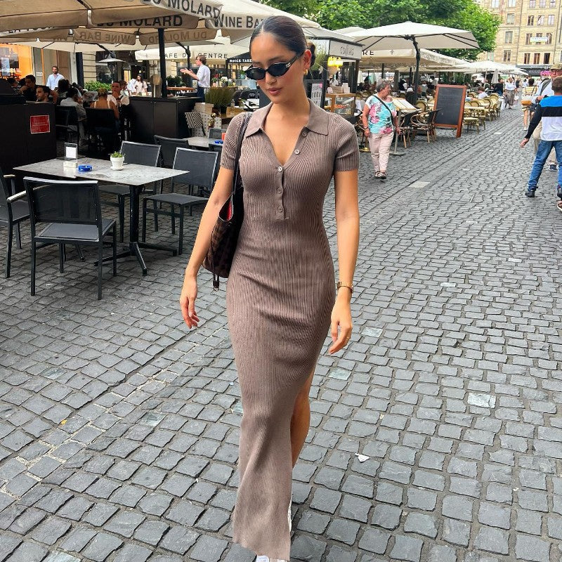Damen Maxikleid mit kurzem Arm und klassischem Kragen EB