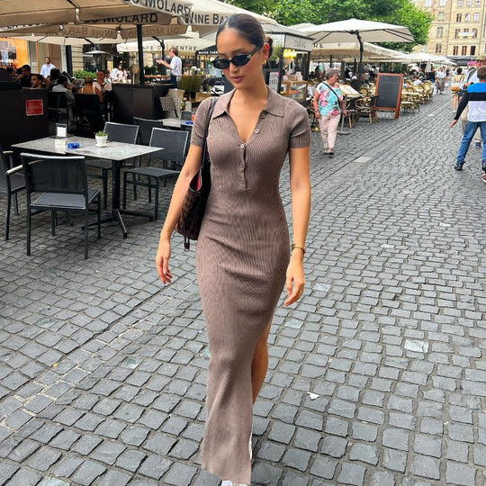 Damen Maxikleid mit kurzem Arm und klassischem Kragen EB