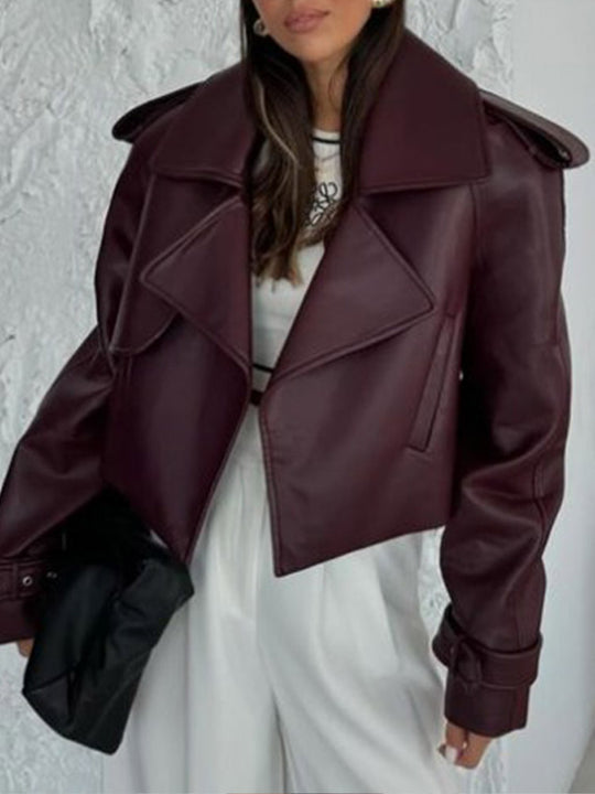 Damen Kunstlederjacke im modischen Biker-Stil mit breitem Revers EB