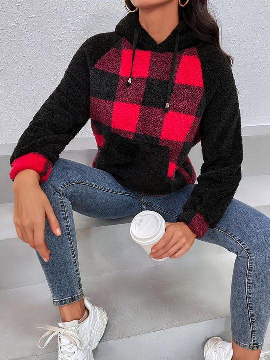 Damen kuscheliger Fleece-Hoodie im modernen Karomuster EB