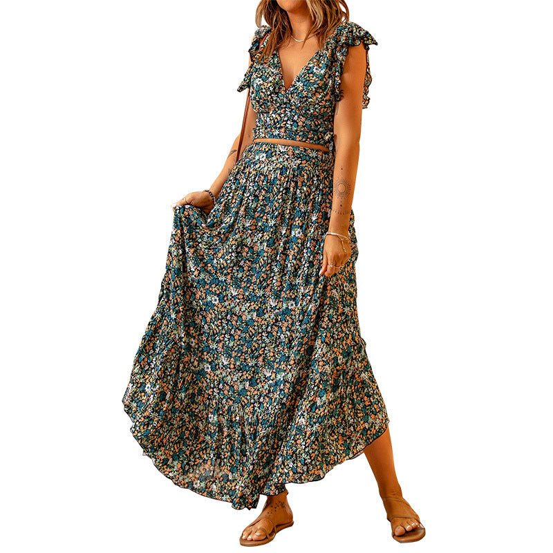 Damen Maxikleid mit floralem Design und ausgestellten Ärmeln EB