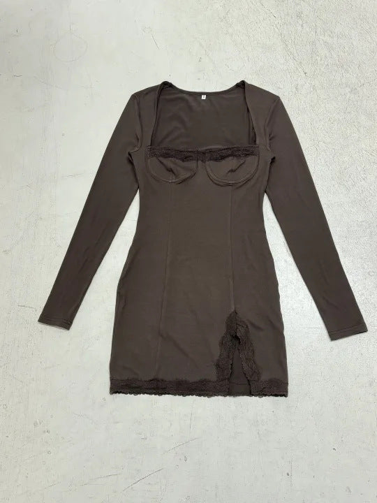 Damen nan figurbetontes Langarm-Minikleid mit Korsettoptik, geformten Cups und Spitzendetail EB