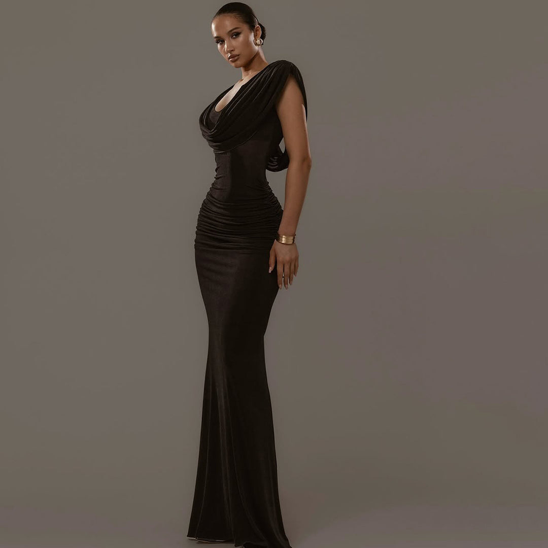 Damen Elegantes Maxikleid mit tiefem V-Ausschnitt und raffinierten Drapierungen EB