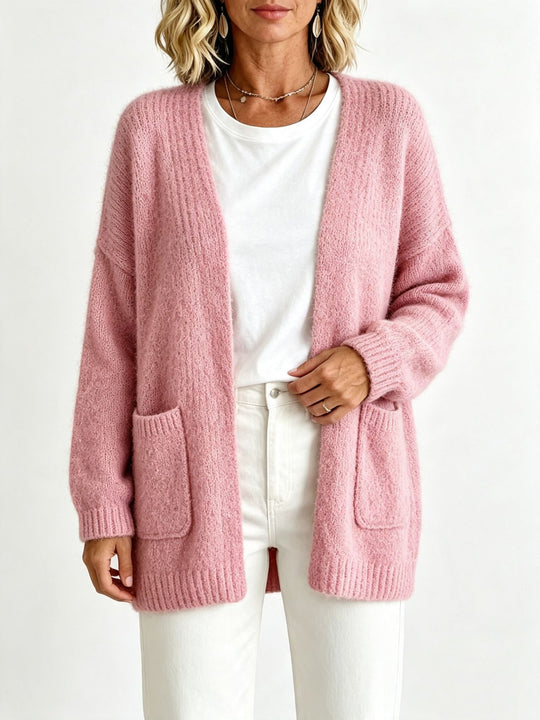 Damen Offener Longcardigan im Mohair-Look mit aufgesetzten Taschen und überschnittener Schulter EB