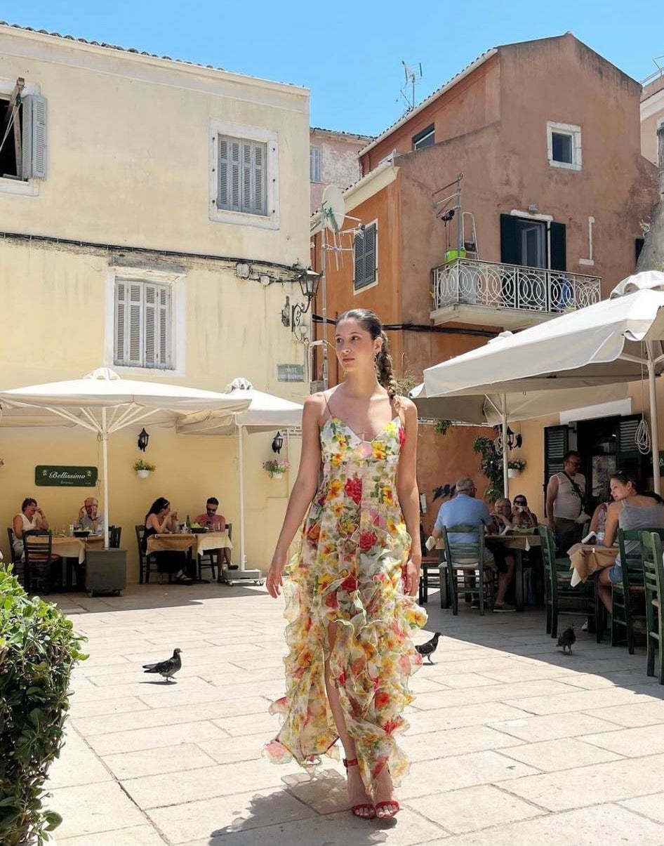 Damen Fließendes Chiffon Maxikleid mit Rüschendetails und floralen Akzenten EB