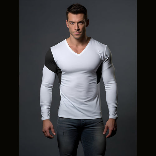 Herren Langarmshirt mit modernem V-Ausschnitt und farblich abgesetzten Ärmeln EB