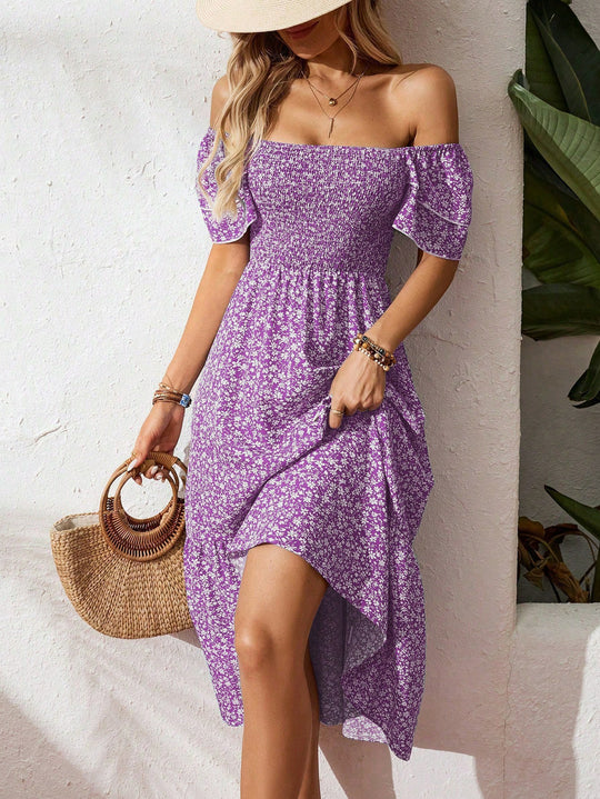 Damen Off-Shoulder Maxikleid mit floralen Mustern und elastischem Oberteil EB
