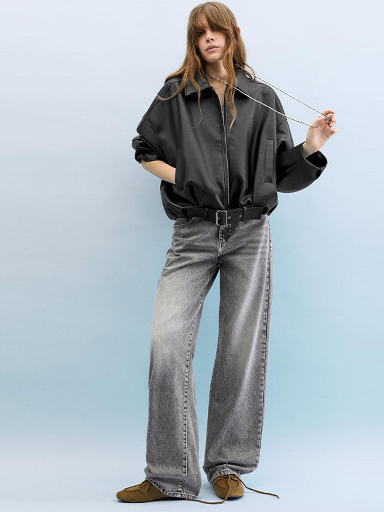 Damen Modische Kunstlederjacke mit weitem Schnitt und Taillengürtel EB