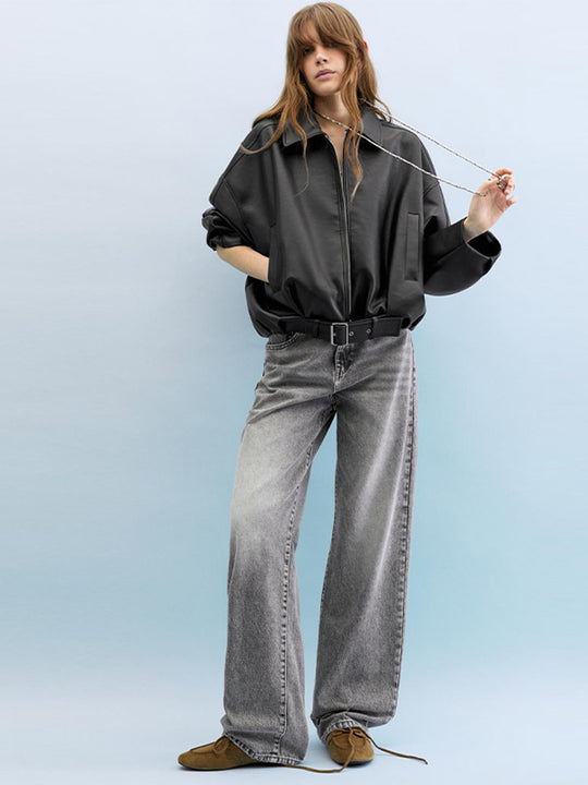 Damen Modische Kunstlederjacke mit weitem Schnitt und Taillengürtel EB