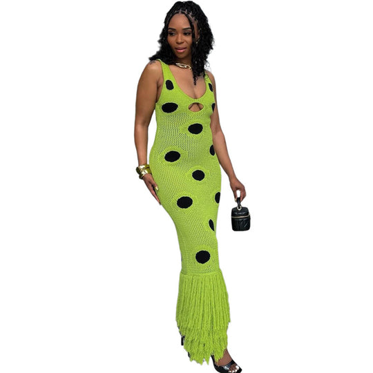 Damen Maxikleid mit tiefem V-Ausschnitt und fransigen Details EB