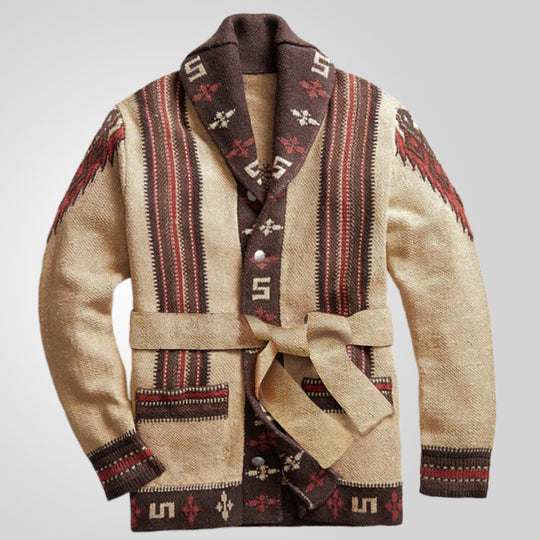Damen Strickjacke mit kunstvollem Muster und exklusivem Gürtel EB