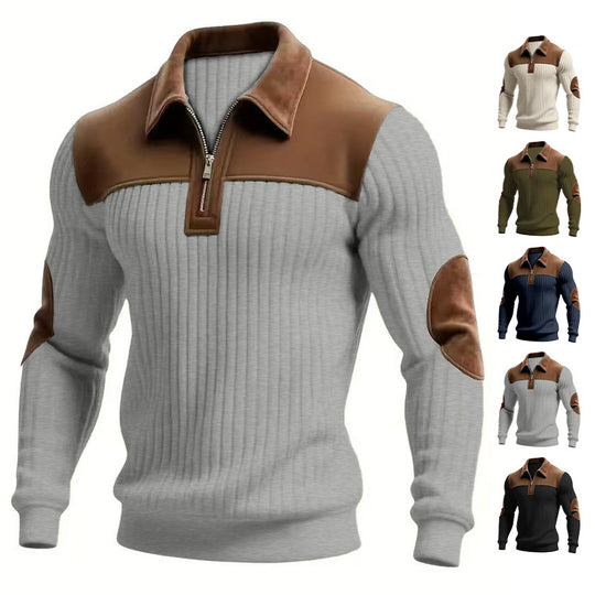 Herren nan gerippter Halbzip-Pullover mit kontrastierenden Lederapplikationen an Schultern und Ellenbogen EB