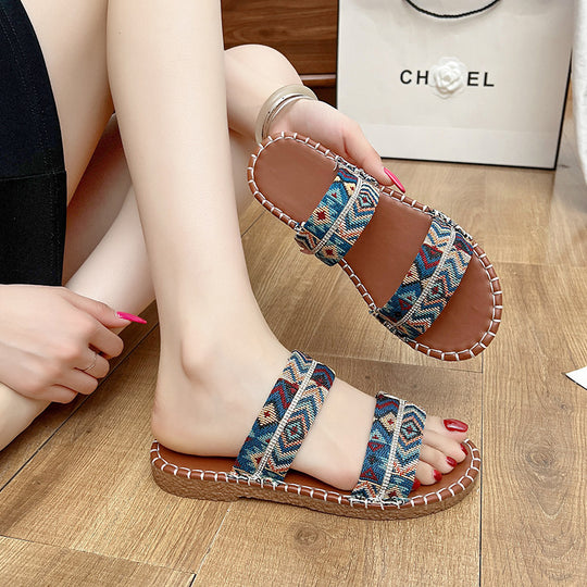 Damen modische Zehentrenner-Sandalen mit handgewebtem Textil-EB