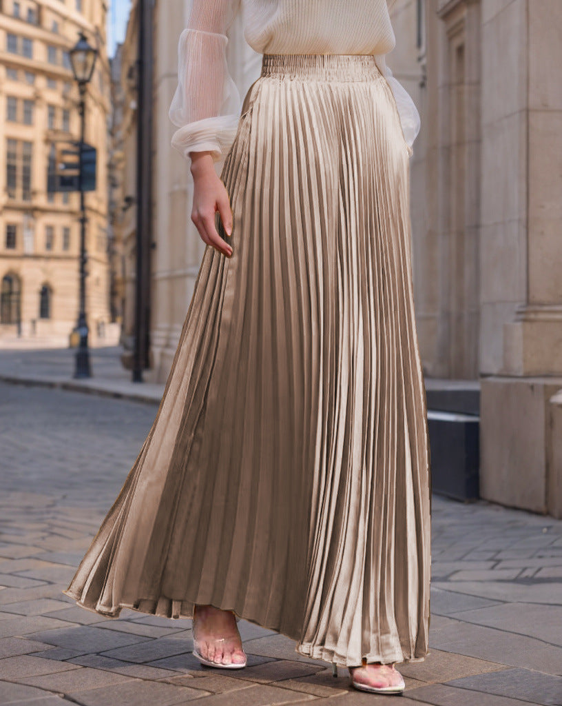 Damen nan Maxirock Plissee aus fließendem Satin mit elastischem Bund EB