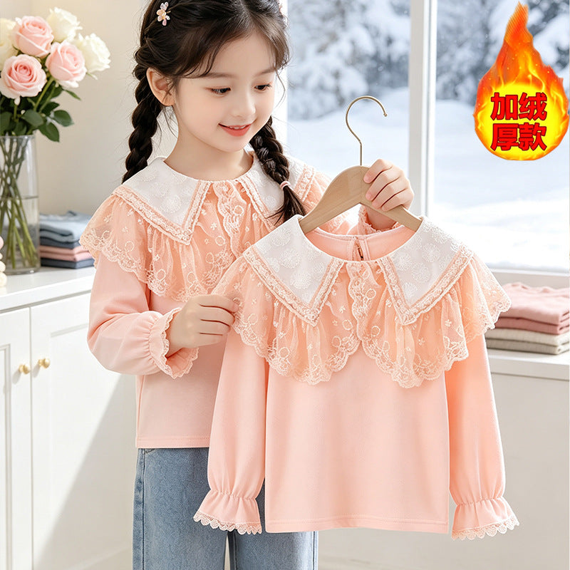 Mädchen Bluse mit elegantem Spitzenkragen und Rüschendetails EB