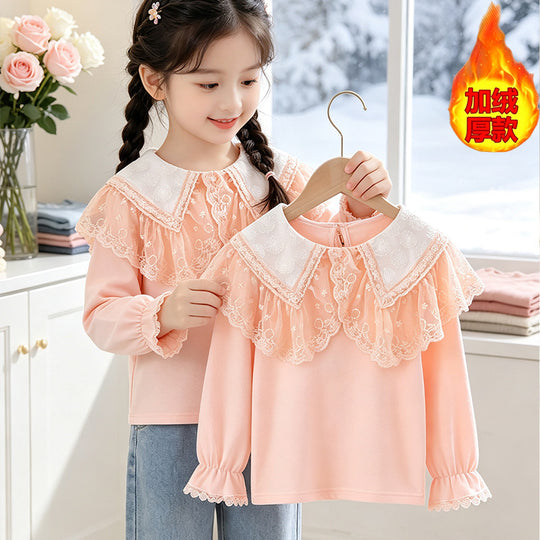 Mädchen Bluse mit elegantem Spitzenkragen und Rüschendetails EB