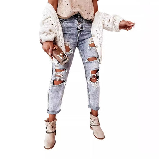 Damen Boyfriend-Jeans mit Destroyed-Details und hohem Komfortbund EB