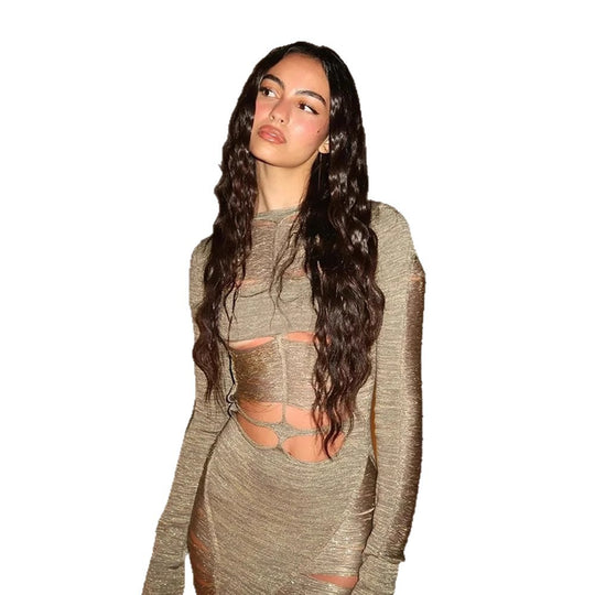 Damen Cut-Out Abendkleid mit langen Ärmeln und schwingendem Saum EB