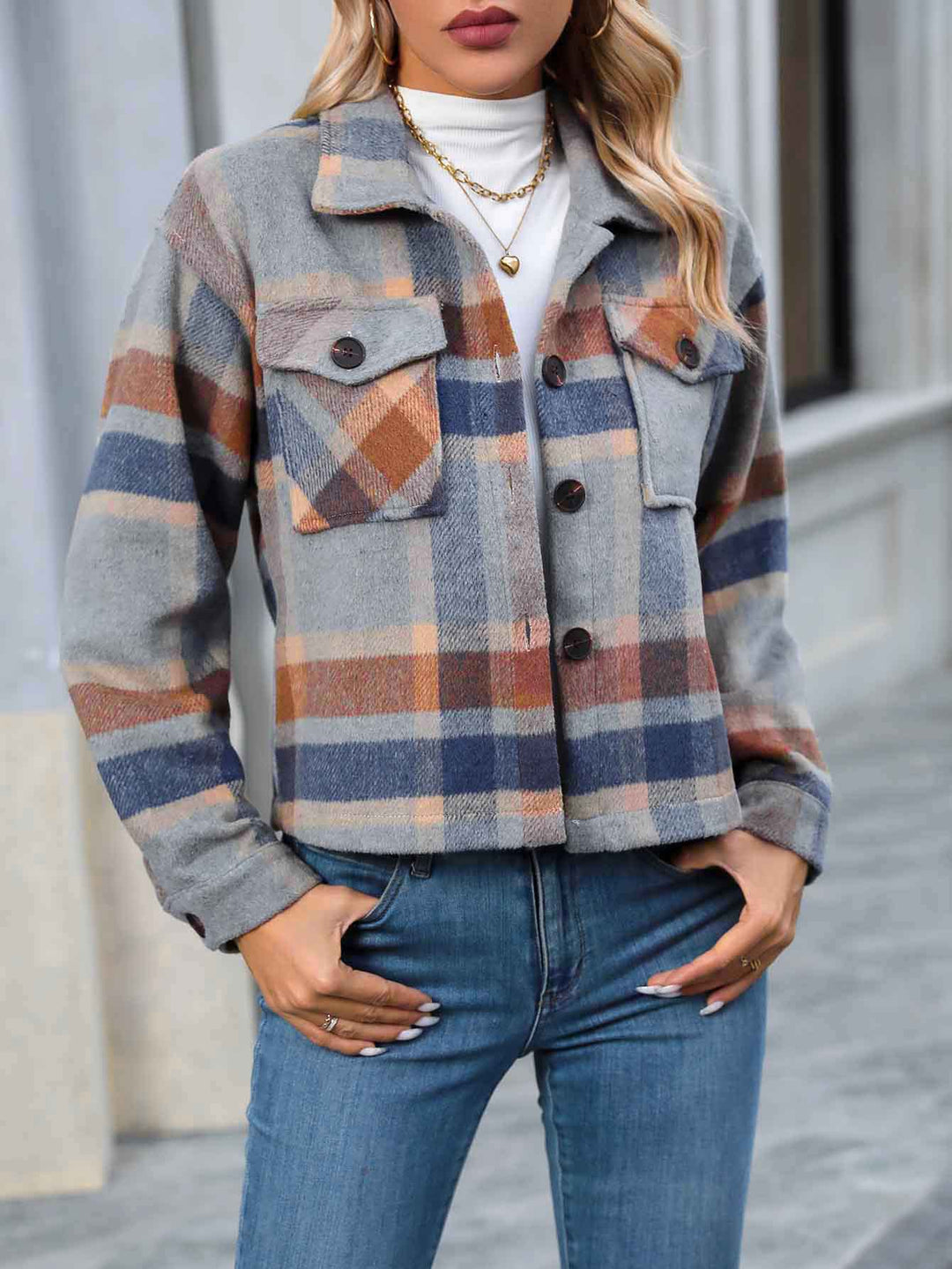 Damen Karierte Flanelljacke mit Taschen EB