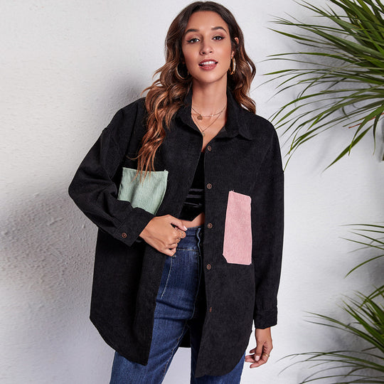 Damen Oversized Cordjacke mit bunten Taschen EB