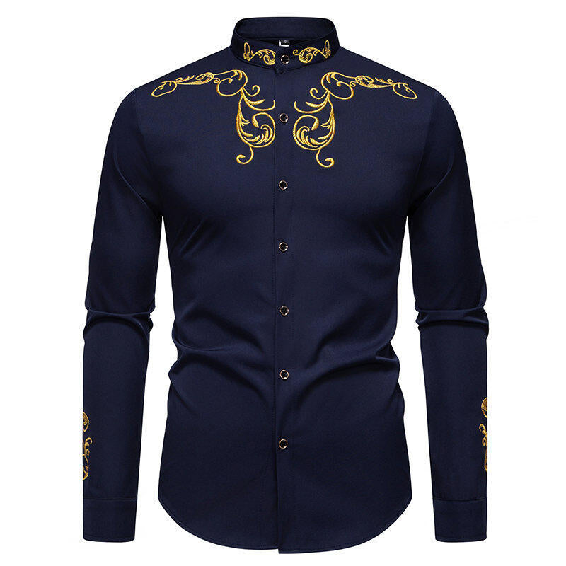 Herren Langarmhemd mit eleganter Stickerei und modernem Kragen EB
