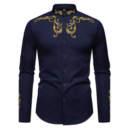 Herren Langarmhemd mit eleganter Stickerei und modernem Kragen EB