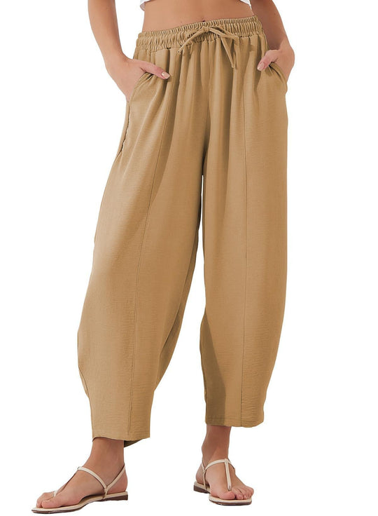 Damen Bequeme, weit geschnittene Sommerhose mit elastischem Bund und seitlichen Taschen EB
