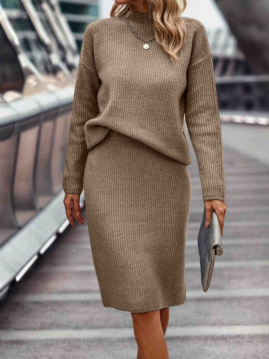 Damen nan gestricktes Twinset mit oversized Pullover und knielangem Bleistiftrock EB