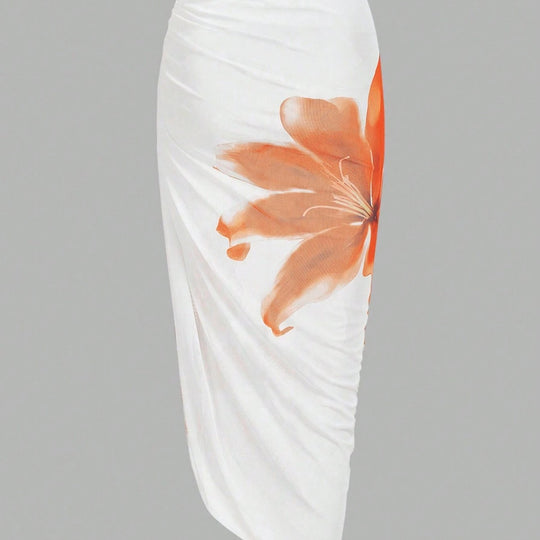 Damen Badeanzug mit elegantem floralem Design und passendem Wickelrock EB