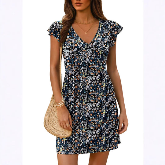 Damen luftiges sommerliches Kleid mit floralem Muster und V-Ausschnitt EB
