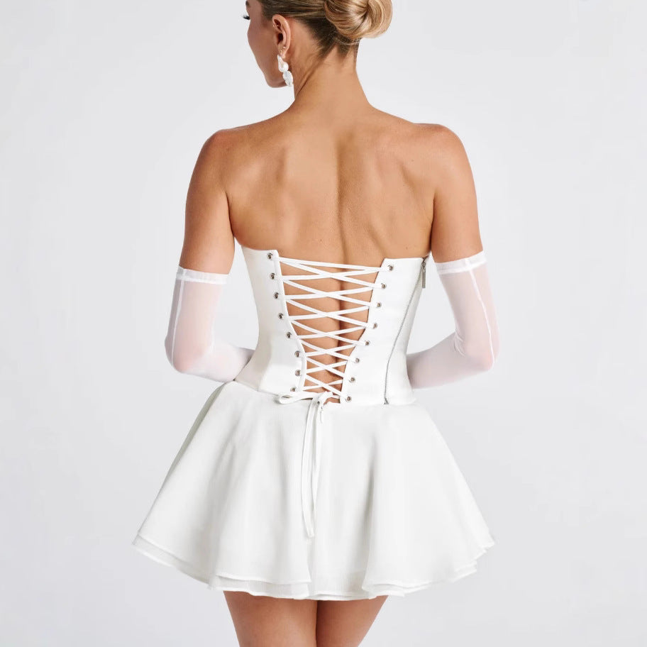 Damen Elegantes Hochzeitskleid mit ausgefallenem Wickeldesign und schwingendem Rock EB