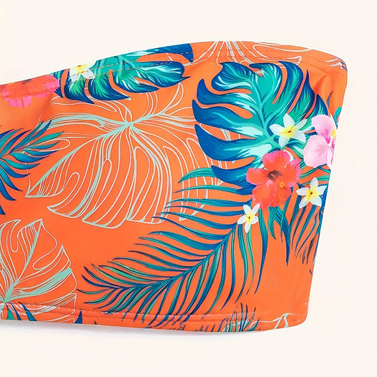 Damen Bandeau-Bikini mit tropischem Muster und elastischem Unterteil EB