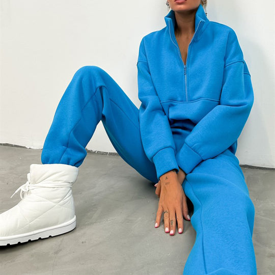 Damen Cropped-Halbzip-Sweatshirt mit hohem Stehkragen und elastischer High-Waist Jogginghose Set EB