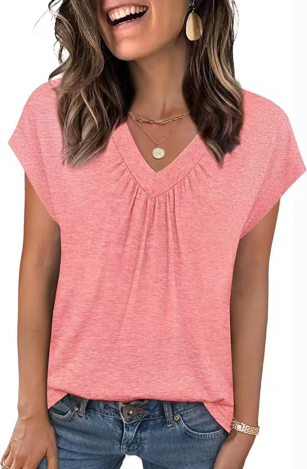 Damen lässiges Oberteil mit modischem V-Ausschnitt und feinen Falten EB