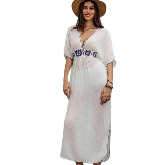 Damen elegantes Maxikleid mit floralen Häkelakzenten EB