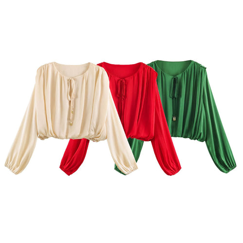 Damen nan luftige Boho Carmen-Bluse mit Kordelzug, weiten Ballonärmeln und elastischem Saum EB