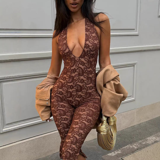 Damen Eleganter Spitzen-Jumpsuit mit tiefem V-Ausschnitt und seitlichen Schlitzen EB
