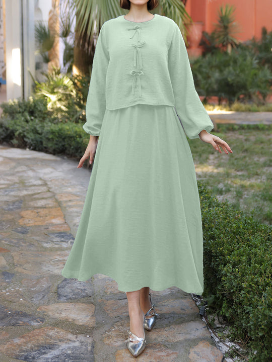 Damen Langes Zweiteiliges Maxikleid mit Überwurf, Rundhals und Zierknoten EB