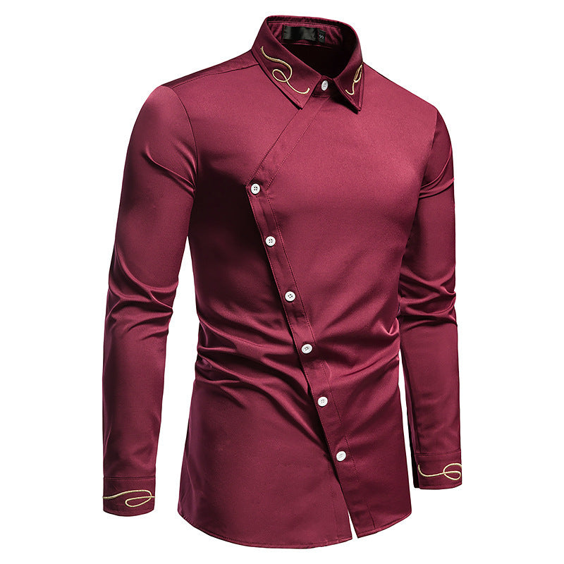 Herren Elegantes Langarmhemd mit asymmetrischem Knopfdesign und gesticktem Kragen EB