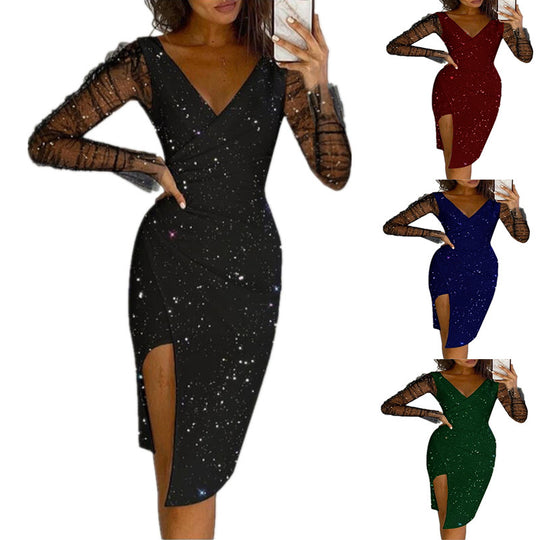 Damen elegantes Wickelkleid mit transparenten Ärmeln und schimmerndem Sternenmuster EB