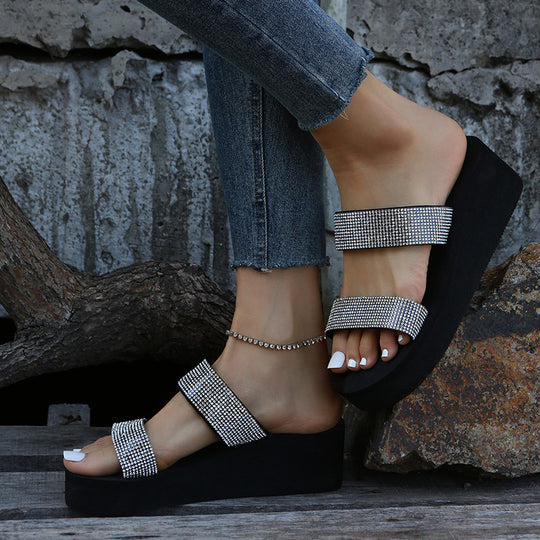 Damen modische Wedge-Sandalen mit funkelnden Strassdetails EB
