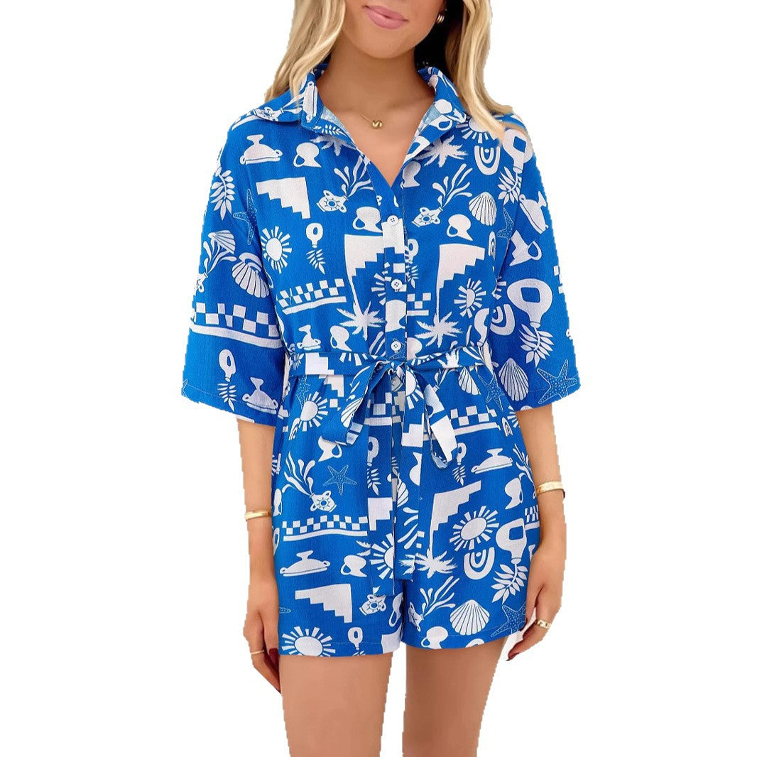 Damen Leichte Kurzarm-Bluse mit Bindegürtel EB