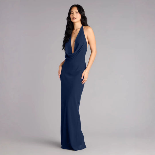 Damen elegantes Maxikleid mit einzigartigem Halterhalsschnitt EB