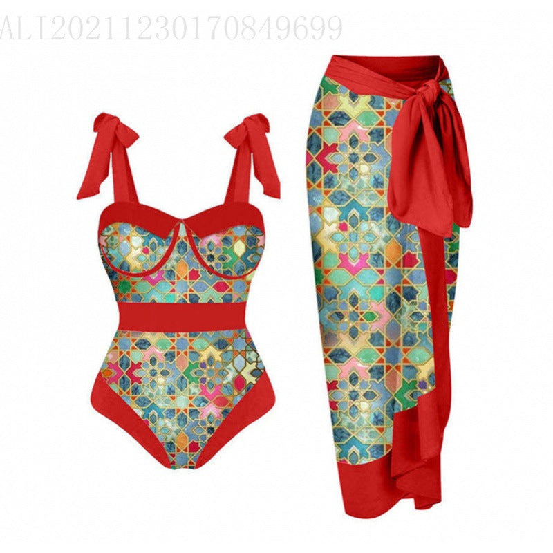 Damen Bikini-Set mit floralem Design und elegantem Überrock EB