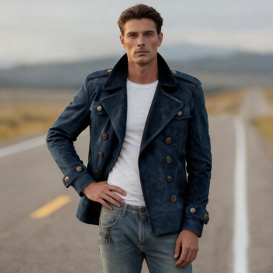 Herren nan doppeltreihige Vintage-Lederjacke mit Reverskragen und Schulterpatten EB