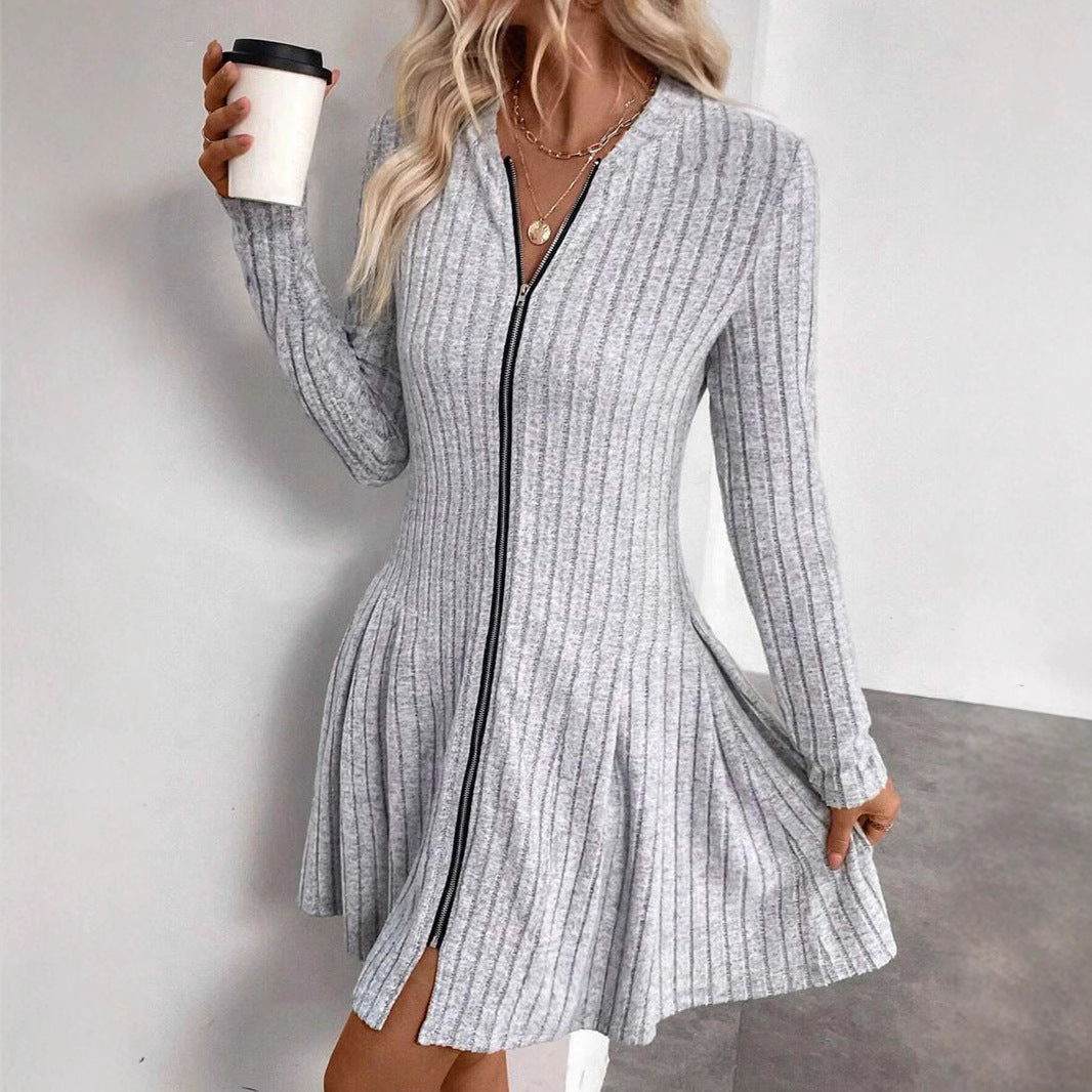 Damen Geripptes Strickkleid mit Frontreißverschluss und A-Linien-Silhouette EB