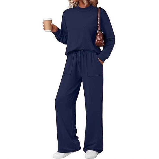 Damen Loungewear-Zweiteiler aus weichem Jersey mit Rundhalsausschnitt und weitem Kordelzug-Hose EB