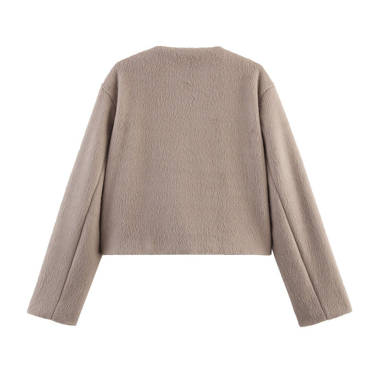 Damen lässige Teddyjacke mit Knopfleiste und aufgesetzten Taschen EB