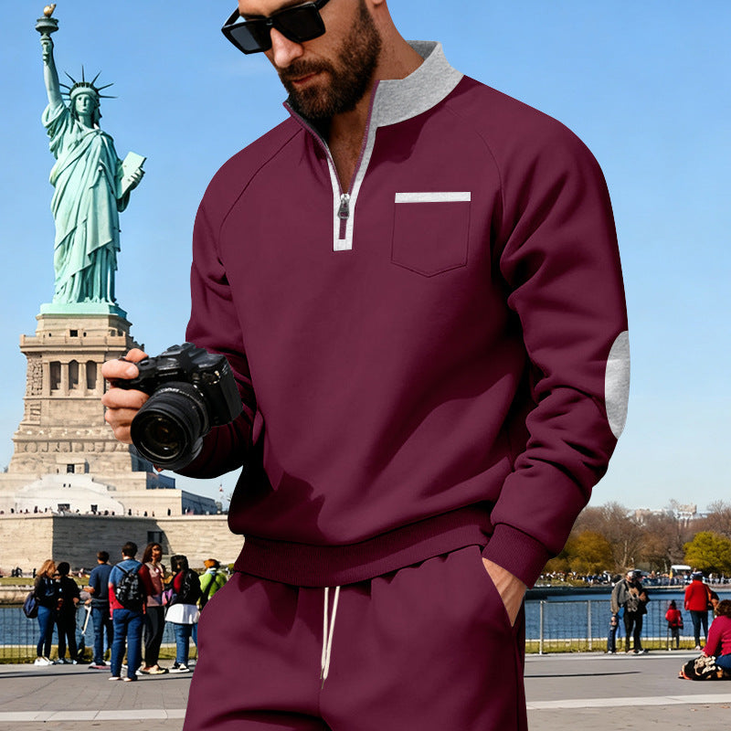 Herren nan Fleece-Quarterzip Pullover mit Brusttasche und Ellbogenpatches EB