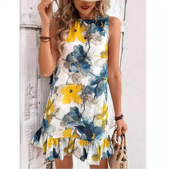 Damen Blumenkleid mit Rüschensaum EB